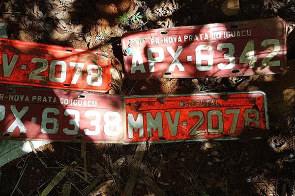 Lixo jogado em mata nos fundos do Planalto contém diversas peças e até placas de veículos