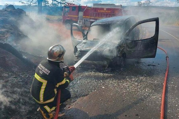 Incêndio toma conta de veículo, se alastra por vegetação e mobiliza Corpo de Bombeiros na MGC 354