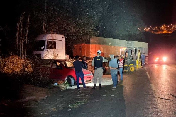 Motociclista fica gravemente ferida após bitrem bater em eucalipto caído na MGC 354 e atingir carro