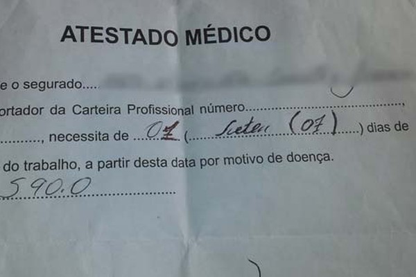 Funcionário rasura atestado de 1 para 7 dias e caso vai parar na delegacia em Patos de Minas