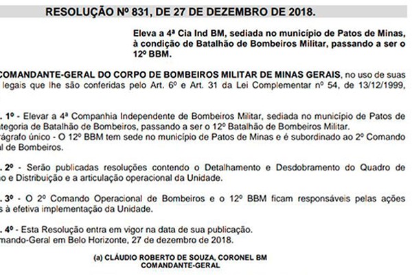 Companhia é transformada definitivamente em Batalhão dos Bombeiros de Patos de Minas