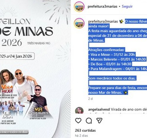 MPMG pede anulação de contrato de R$ 100 mil para show musical no réveillon em Três Marias