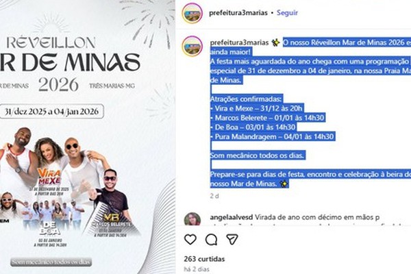 MPMG pede anulação de contrato de R$ 100 mil para show musical no réveillon em Três Marias