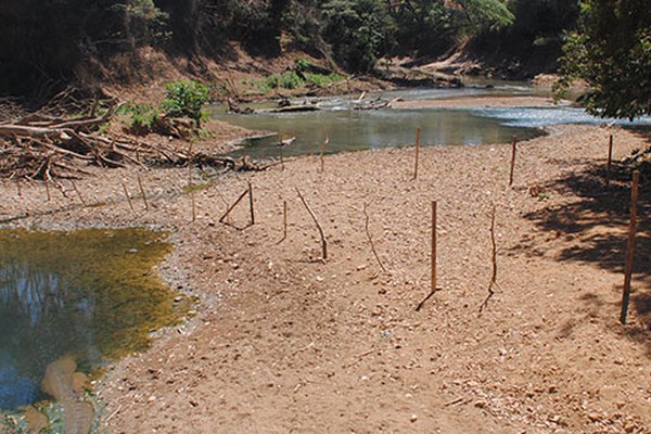 Seca no Rio Paranaíba impressiona com bancos de areia, sujeira e até cerca em seu leito