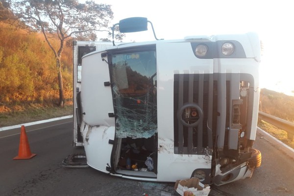 Motorista cochila ao volante, bate em árvore e caminhão para tombado na BR354